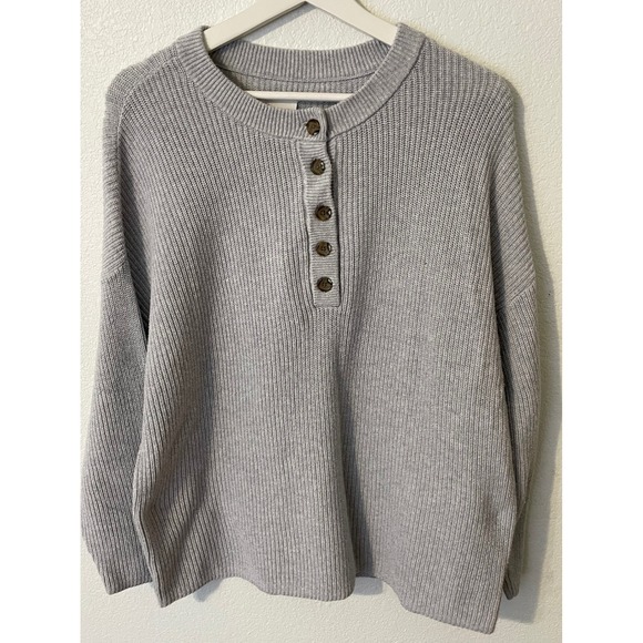 aerie Sweaters - Aerie  Womens Ribbed Henley Button Neck Sweater Gray Oversized Cozy Comfort